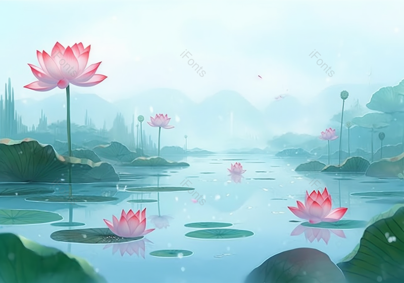 国风意境插画夏季山水荷花图背景,插画/手绘图,插画/手绘图库,插画/手绘图下载,插画/手绘